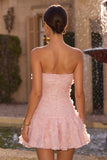Abito corto rosa A-Line senza spalline perlate con perle e perle corto per il ritorno a casa,