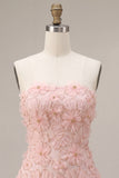Abito corto rosa A-Line senza spalline perlate con perle e perle corto per il ritorno a casa,