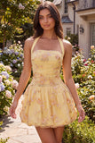 Abito di Homecoming ricamato a fiori con scollo a fila giallo a linea A