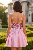 Abito di ritorno a casa con spalline floreali rosa A-Line con paillettes