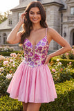 Abito di ritorno a casa con spalline floreali rosa A-Line con paillettes