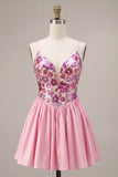 Abito di ritorno a casa con spalline floreali rosa A-Line con paillettes