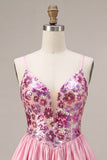 Abito di ritorno a casa con spalline floreali rosa A-Line con paillettes