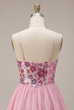 Abito di ritorno a casa con spalline floreali rosa A-Line con paillettes