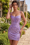 Plum Bodycon con spalline spaghetti Corset, paillettes Abito di Homecoming con fiocco