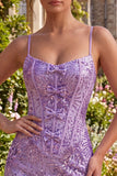 Plum Bodycon con spalline spaghetti Corset, paillettes Abito di Homecoming con fiocco