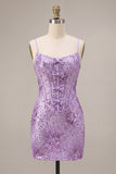 Plum Bodycon con spalline spaghetti Corset, paillettes Abito di Homecoming con fiocco