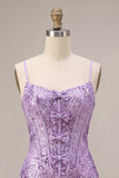 Plum Bodycon con spalline spaghetti Corset, paillettes Abito di Homecoming con fiocco