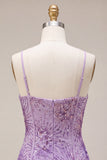 Plum Bodycon con spalline spaghetti Corset, paillettes Abito di Homecoming con fiocco