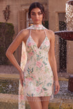 Vestito di Homecoming con paillettes bodycon fiori bianchi rosa scintillanti con frangie