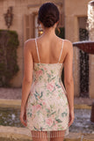 Vestito di Homecoming con paillettes bodycon fiori bianchi rosa scintillanti con frangie
