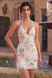 Vestito di Homecoming con paillettes bodycon fiori bianchi rosa scintillanti con frangie
