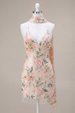 Vestito di Homecoming con paillettes bodycon fiori bianchi rosa scintillanti con frangie