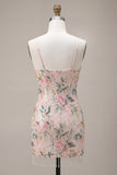 Vestito di Homecoming con paillettes bodycon fiori bianchi rosa scintillanti con frangie