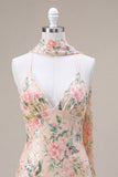Vestito di Homecoming con paillettes bodycon fiori bianchi rosa scintillanti con frangie