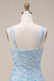Bodycon blu cielo scintillante Spalline spesse con paillettes Abito del ballo con fessura