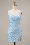 Bodycon blu cielo scintillante Spalline spesse con paillettes Abito del ballo con fessura