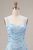Bodycon blu cielo scintillante Spalline spesse con paillettes Abito del ballo con fessura