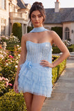 Corsetto azzurro cielo con paillettes a livelli Abito senza spalline senza spalline con sciarpa al collo