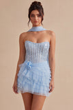 Corsetto azzurro cielo con paillettes a livelli Abito senza spalline senza spalline con sciarpa al collo