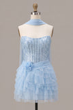 Corsetto azzurro cielo con paillettes a livelli Abito senza spalline senza spalline con sciarpa al collo
