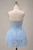 Corsetto azzurro cielo con paillettes a livelli Abito senza spalline senza spalline con sciarpa al collo