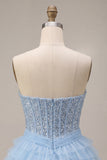 Corsetto azzurro cielo con paillettes a livelli Abito senza spalline senza spalline con sciarpa al collo