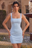 Abito bodycon neckcon a collo quadrato azzurro cielo con perline