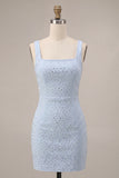 Abito bodycon neckcon a collo quadrato azzurro cielo con perline