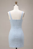 Abito bodycon neckcon a collo quadrato azzurro cielo con perline