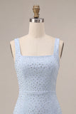 Abito bodycon neckcon a collo quadrato azzurro cielo con perline