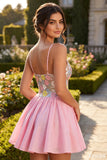 Abito di ritorno a casa con spalline floreali rosa A-Line con paillettes