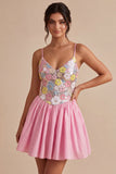Abito di ritorno a casa con spalline floreali rosa A-Line con paillettes