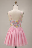 Abito di ritorno a casa con spalline floreali rosa A-Line con paillettes
