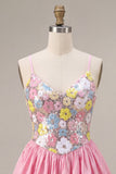 Abito di ritorno a casa con spalline floreali rosa A-Line con paillettes