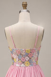 Abito di ritorno a casa con spalline floreali rosa A-Line con paillettes