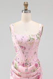 Vestito di Homecoming Corsetto Corsetto rosa con collo quadrato, neck, collo quadrato, corsetto arricciato