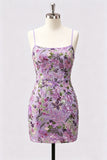 Bodycon Lilla Bromo Floreale Ricamo Paillettes, Abito Corto di Homecoming con Pizzo Indietro