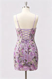 Bodycon Lilla Bromo Floreale Ricamo Paillettes, Abito Corto di Homecoming con Pizzo Indietro