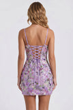 Bodycon Lilla Bromo Floreale Ricamo Paillettes, Abito Corto di Homecoming con Pizzo Indietro