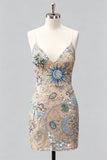 Bodycon blu navy con spalline spaghetti paillettes, abito corto di homecoming con pizzo sulla schiena