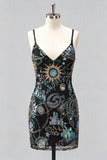 Bodycon blu navy con spalline spaghetti paillettes, abito corto di homecoming con pizzo sulla schiena