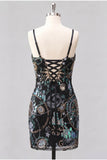 Bodycon blu navy con spalline spaghetti paillettes abito corto di cocktail con pizzo sulla schiena