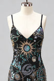 Bodycon blu navy con spalline spaghetti paillettes abito corto di cocktail con pizzo sulla schiena