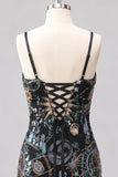 Bodycon blu navy con spalline spaghetti paillettes abito corto di cocktail con pizzo sulla schiena