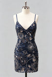 Bodycon blu navy con spalline spaghetti paillettes, abito corto di homecoming con pizzo sulla schiena