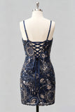Bodycon blu navy con spalline spaghetti paillettes, abito corto di homecoming con pizzo sulla schiena