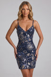 Bodycon blu navy con spalline spaghetti paillettes, abito corto di homecoming con pizzo sulla schiena