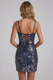 Bodycon blu navy con spalline spaghetti paillettes, abito corto di homecoming con pizzo sulla schiena
