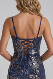 Bodycon blu navy con spalline spaghetti paillettes, abito corto di homecoming con pizzo sulla schiena